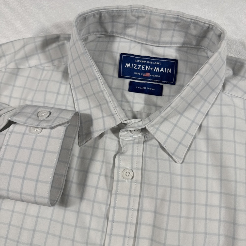 Mizzen+Main Men XXL Button Shirt Trim Fit Performance Stretch Plaid USA White